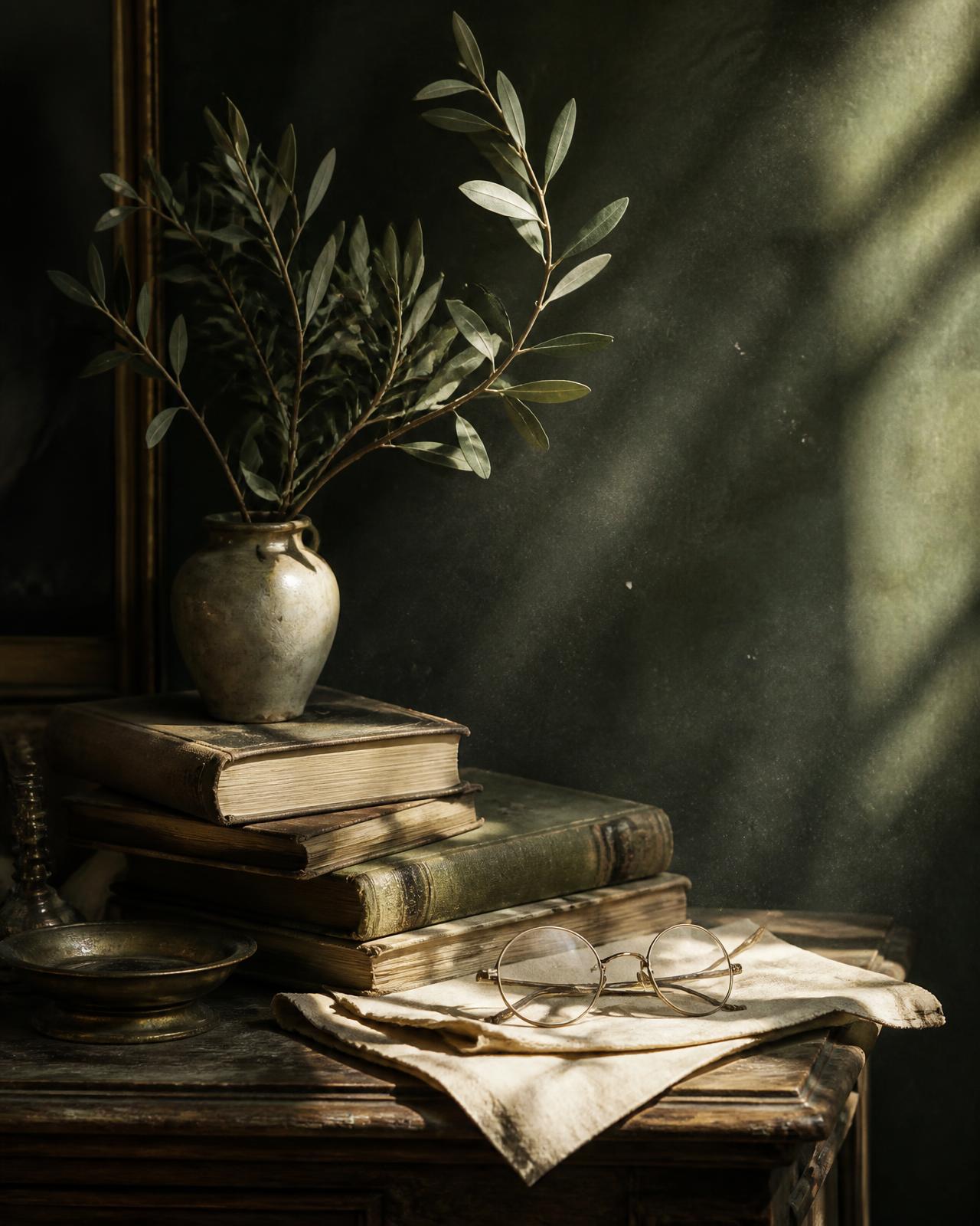 Still life of worn books, an olive branch in a ceramic vessel, and reading glasses in raking afternoon light
